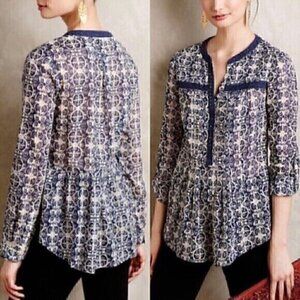 MAEVE ANTHROPOLOGIE Abella Pintuck Blouse Blue Cream Ivory Geometric Long Sleeve